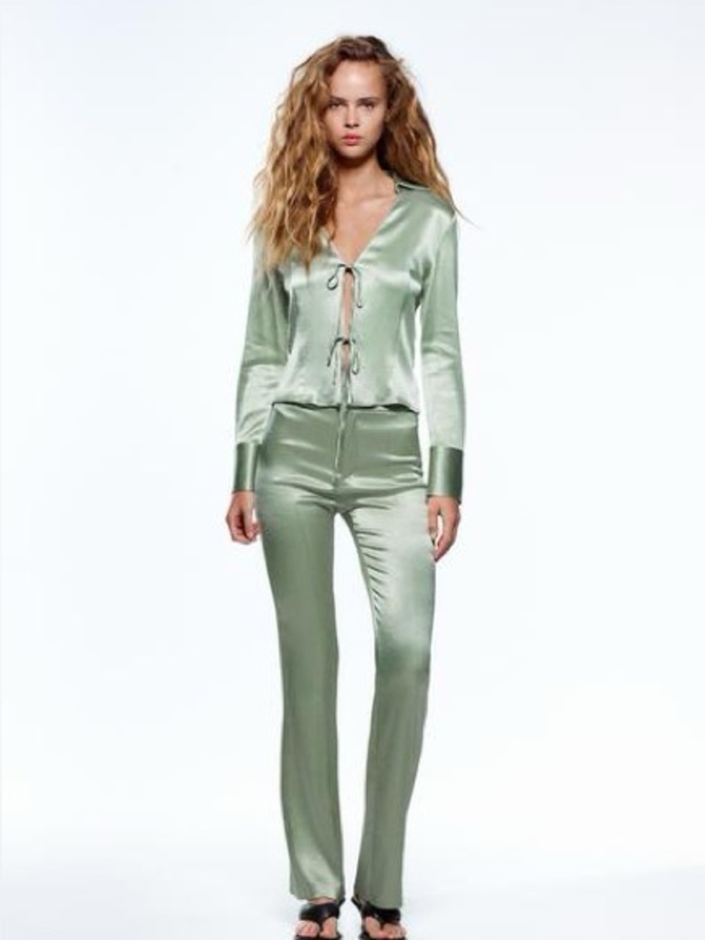 Zara Light Sage Green Tie-Front Satin Blouse